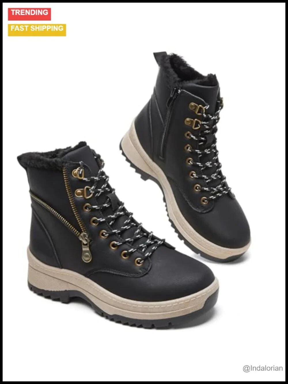 Waterproof Faux Leather Lace Up Snow Boots with Side Zipper Non Slip Hiking Work